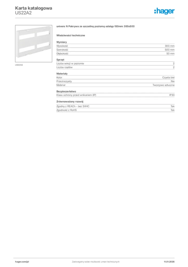 Zdjęcie Hager Karta katalogowa US22A2 | Hager Polska