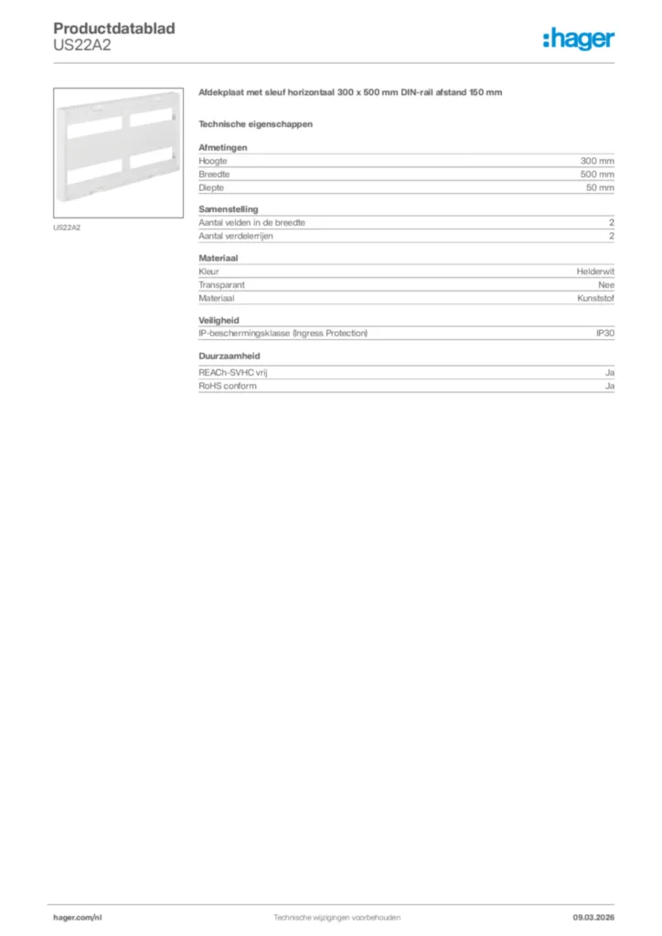 Afbeelding Hager Productdatablad US22A2 | Hager Nederland