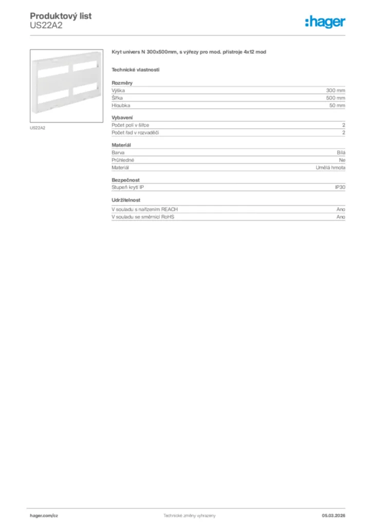 Obrázek Hager Product data sheet US22A2 | Hager