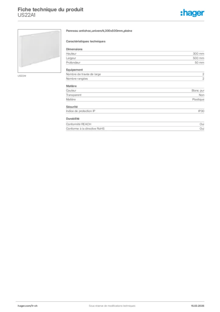 Image Hager Fiche technique du produit US22A1 | Hager Suisse