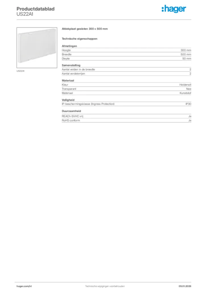 Afbeelding Hager Productdatablad US22A1 | Hager Nederland