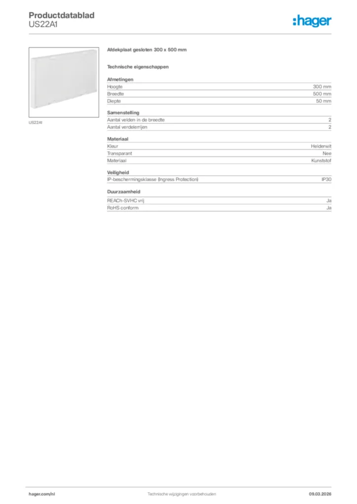 Afbeelding Hager Productdatablad US22A1 | Hager Nederland