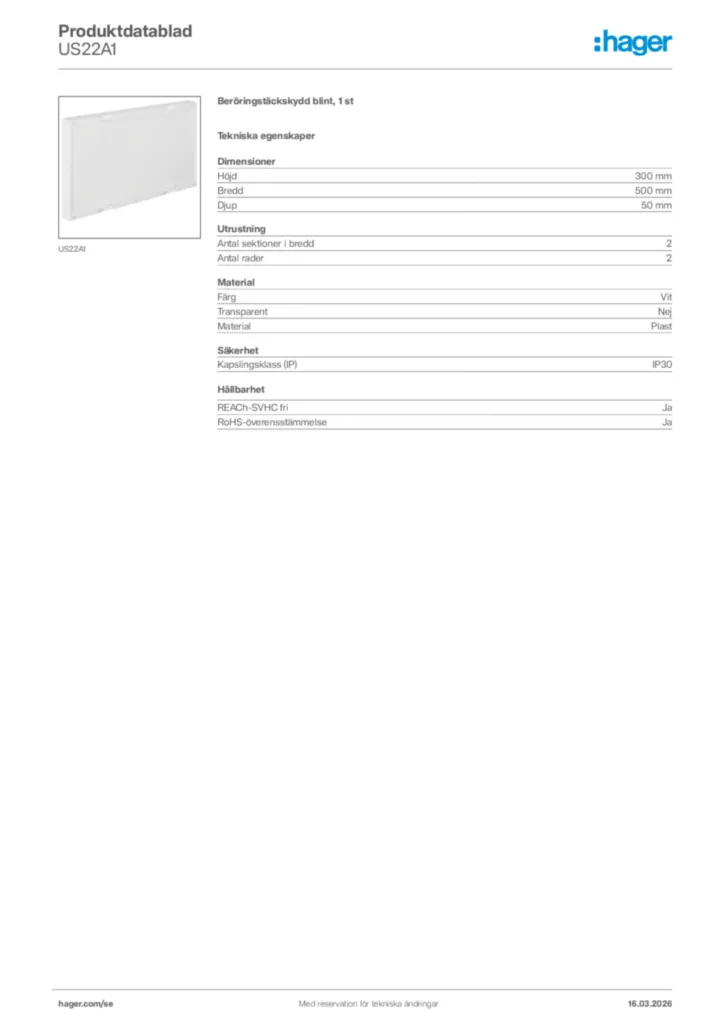 Bild Hager Produktdatablad US22A1 | Hager Sverige