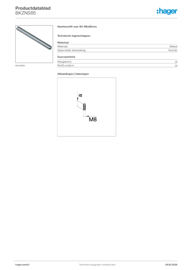 Afbeelding Hager Productdatablad BKZNS85 | Hager Nederland