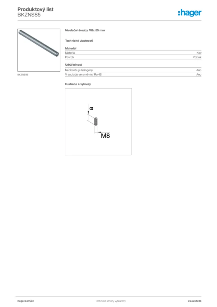 Obrázek Hager Product data sheet BKZNS85 | Hager