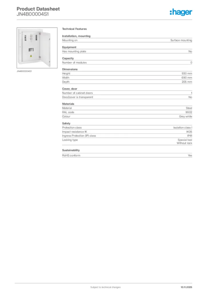 Image Hager Product data sheet JN4B00004S1  | Hager Africa