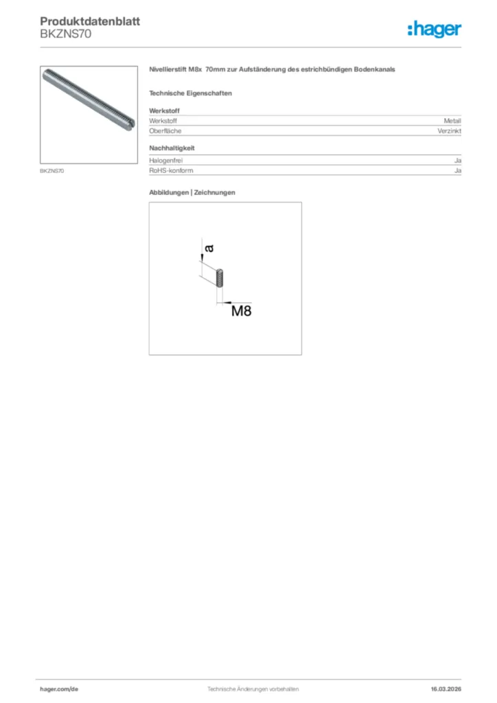 Bild Hager Produktdatenblatt BKZNS70 | Hager Deutschland