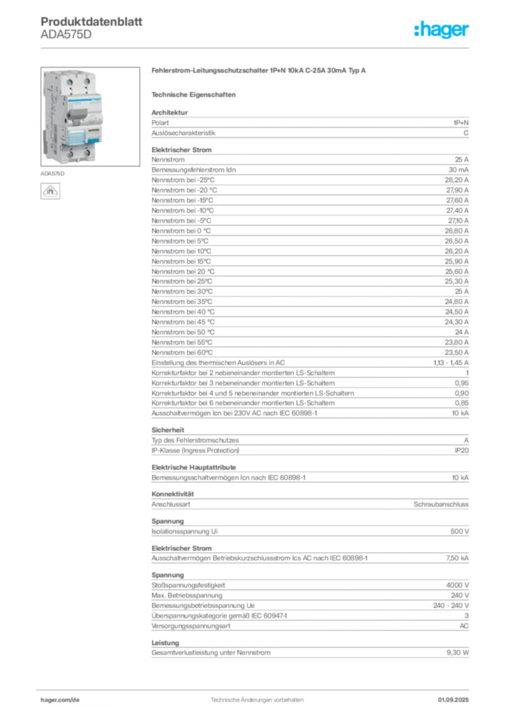 Hager Produktdatenblatt ADA575D