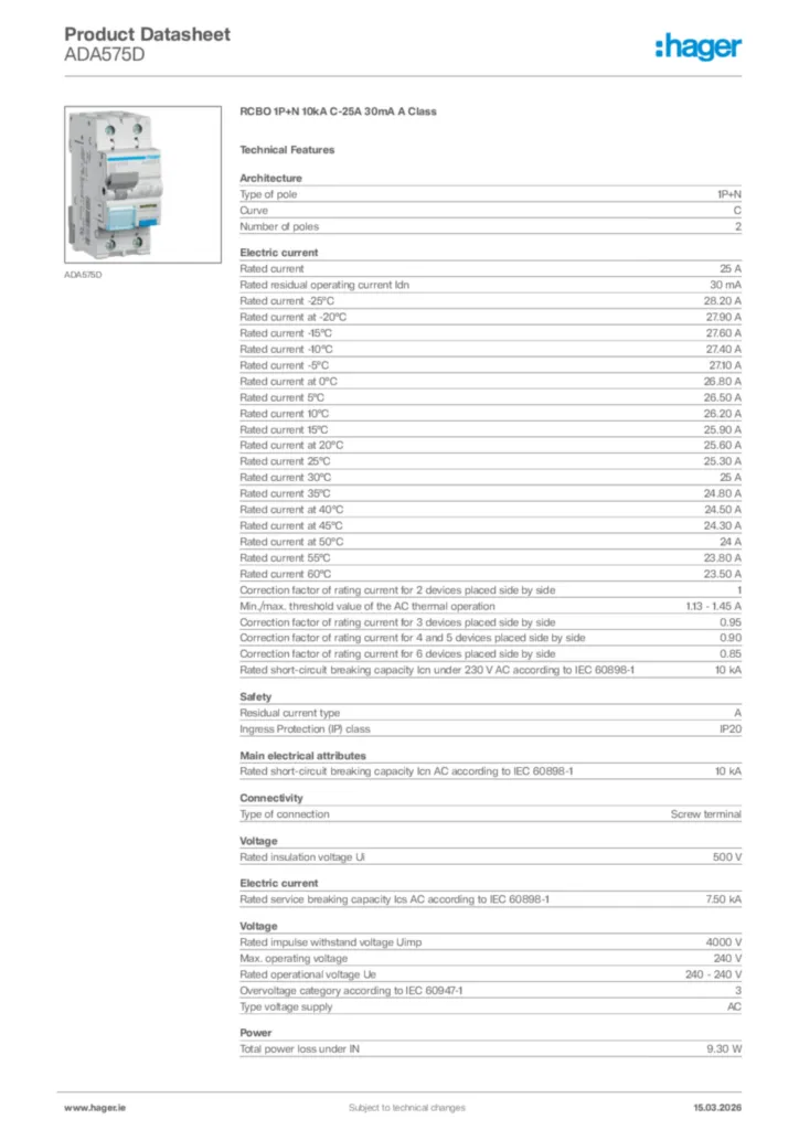 Image Hager Product data sheet ADA575D  | Hager