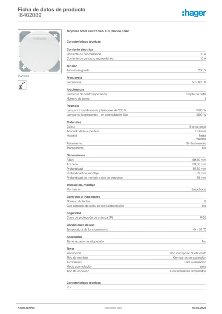 Imagen Hager Ficha de datos de producto 16402089 | Hager España