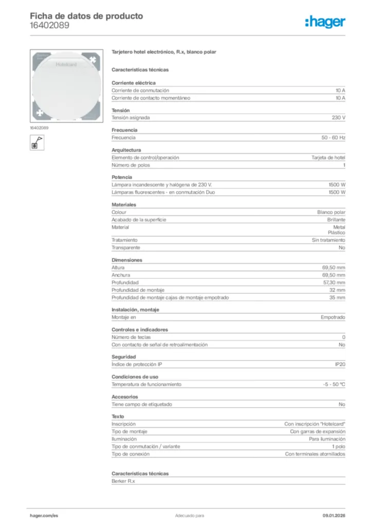 Imagen Hager Ficha de datos de producto 16402089 | Hager España