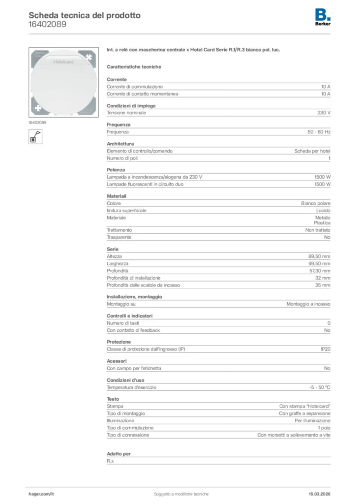 Immagine Berker Scheda tecnica del prodotto 16402089 | Hager Italia