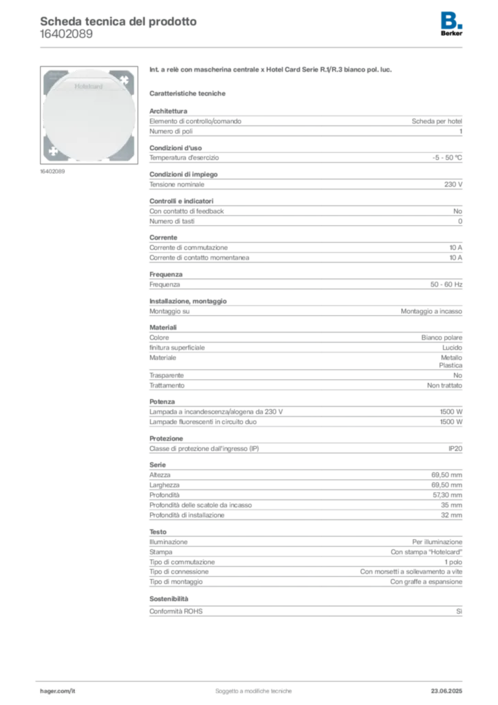 Immagine Berker Scheda tecnica del prodotto 16402089 | Hager Italia