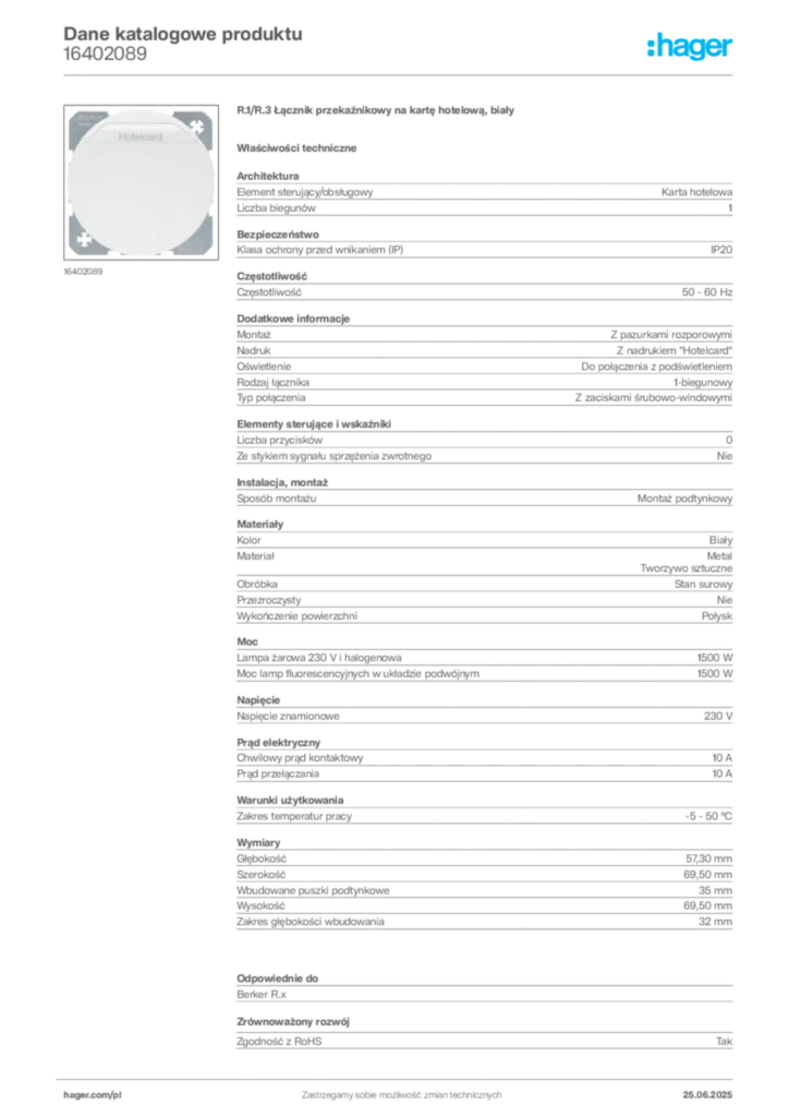 Zdjęcie Hager Karta katalogowa 16402089 | Hager Polska