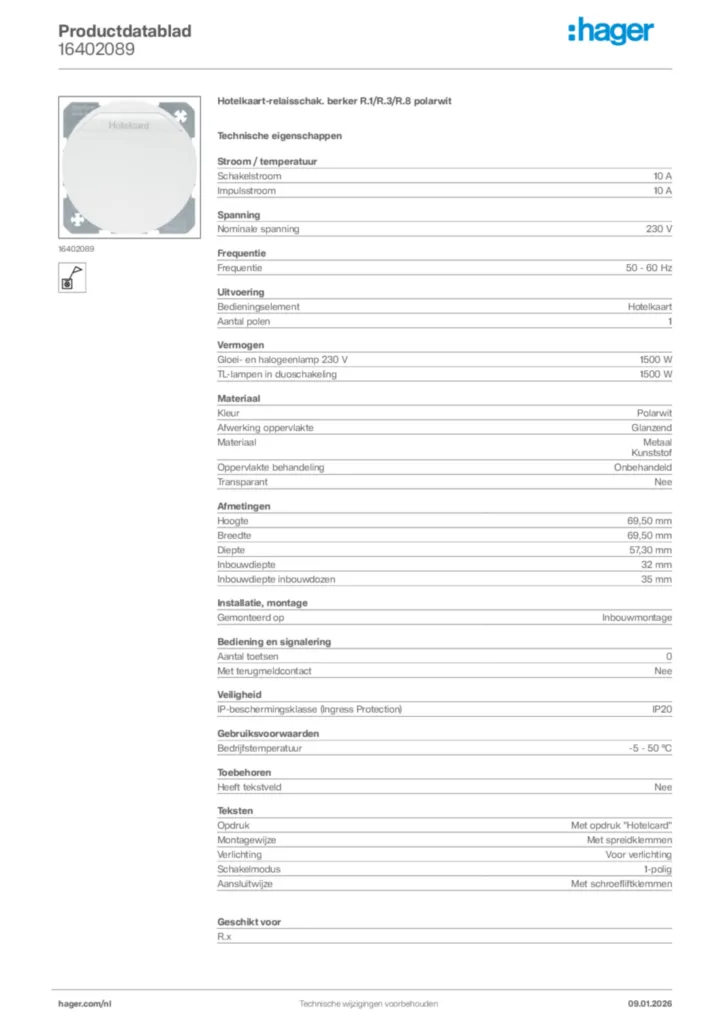 Afbeelding Hager Productdatablad 16402089 | Hager Nederland