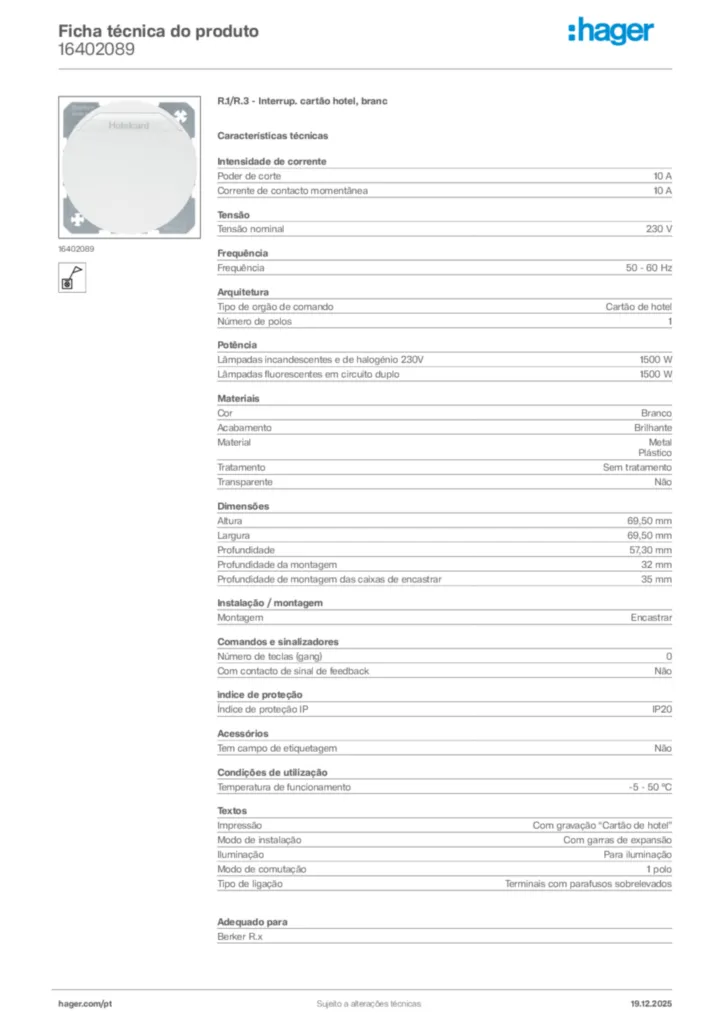 Imagem Hager Ficha técnica do produto 16402089 | Hager Portugal