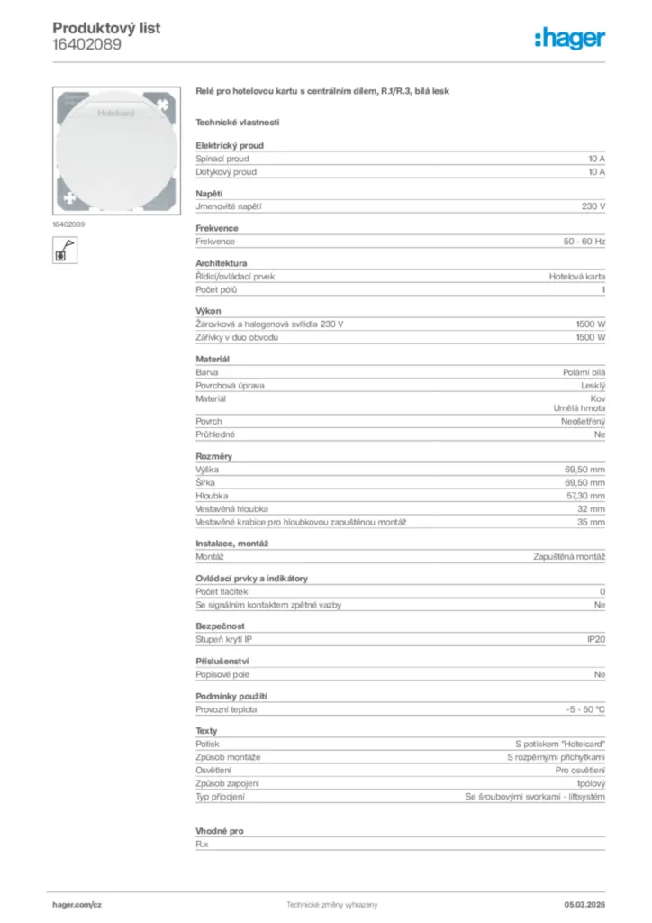Obrázek Hager Product data sheet 16402089 | Hager