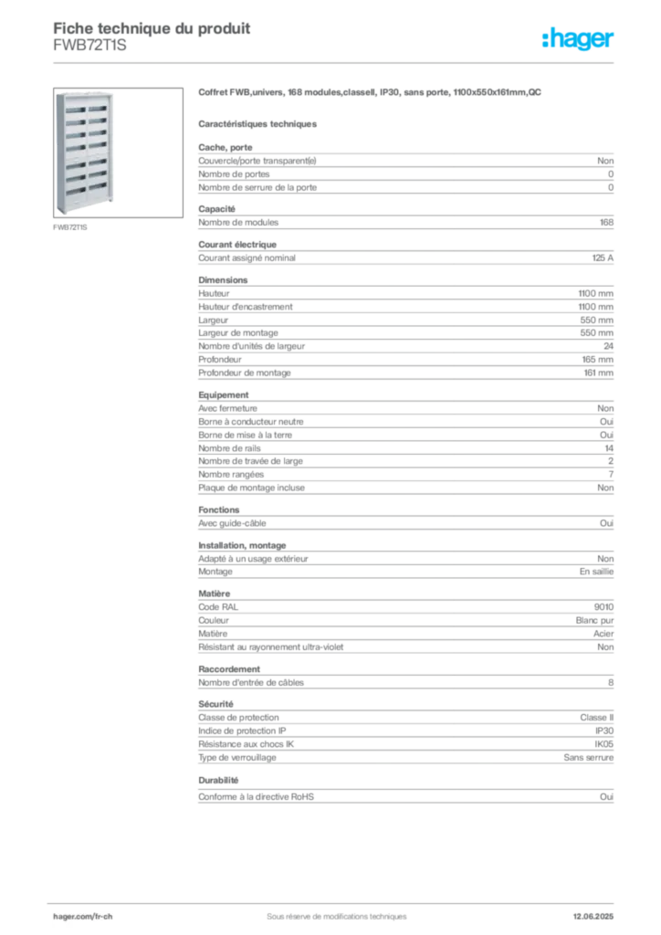 Image Hager Fiche technique du produit FWB72T1S | Hager Suisse