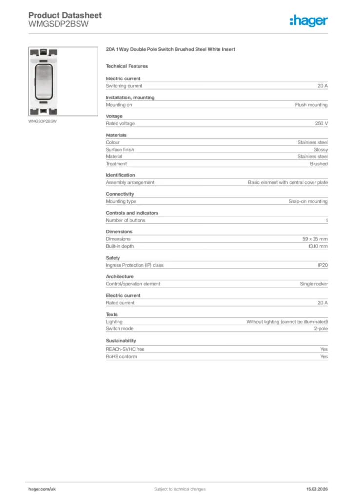 Image Hager Product data sheet WMGSDP2BSW  | Hager
