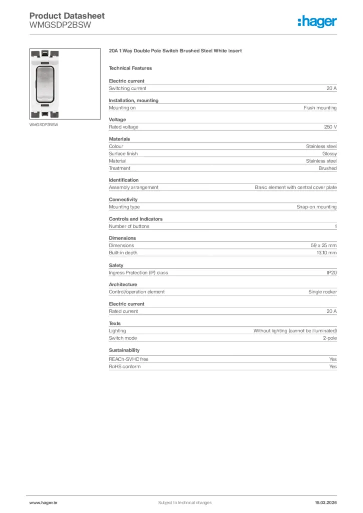 Image Hager Product data sheet WMGSDP2BSW  | Hager
