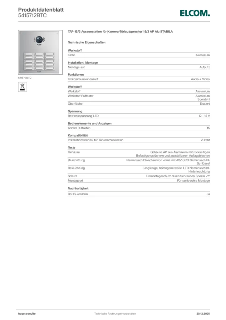 Bild Elcom Produktdatenblatt 5415712BTC | Hager Deutschland