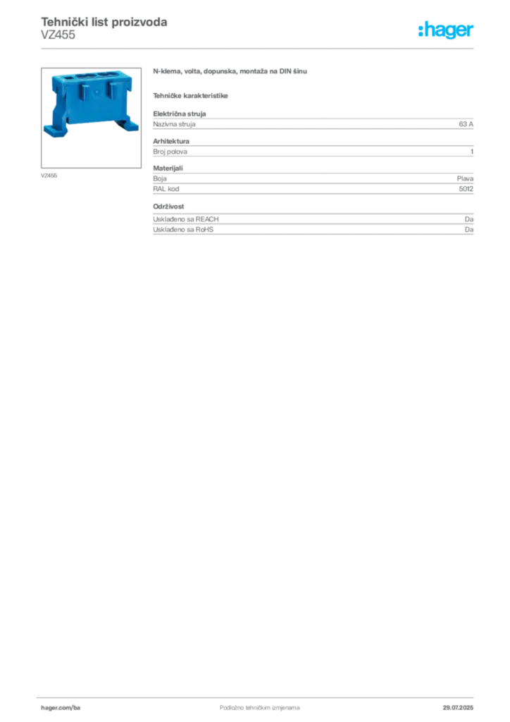 Slika Hager Product data sheet VZ455  | Hager