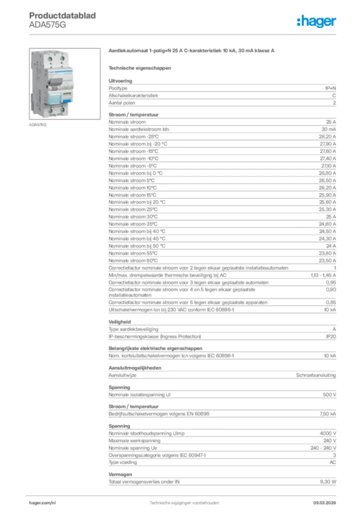 Afbeelding Hager Productdatablad ADA575G | Hager Nederland