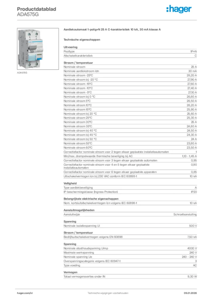 Afbeelding Hager Productdatablad ADA575G | Hager Nederland