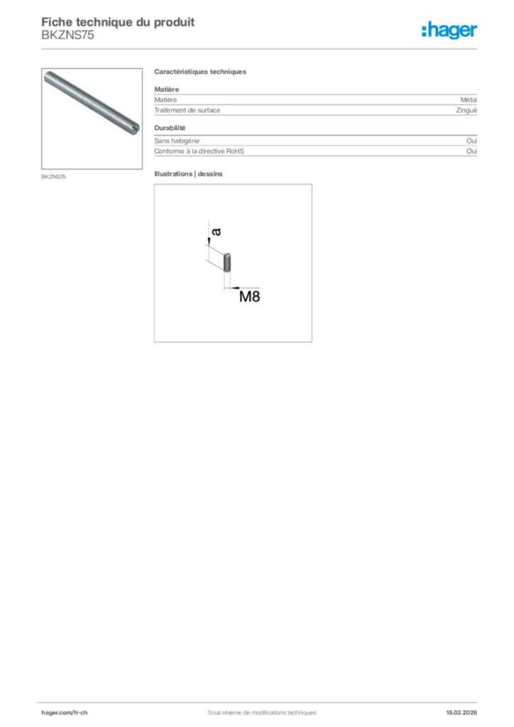 Image Hager Fiche technique du produit BKZNS75 | Hager Suisse
