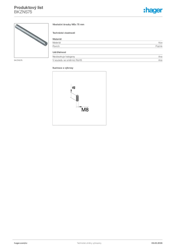 Obrázek Hager Product data sheet BKZNS75 | Hager