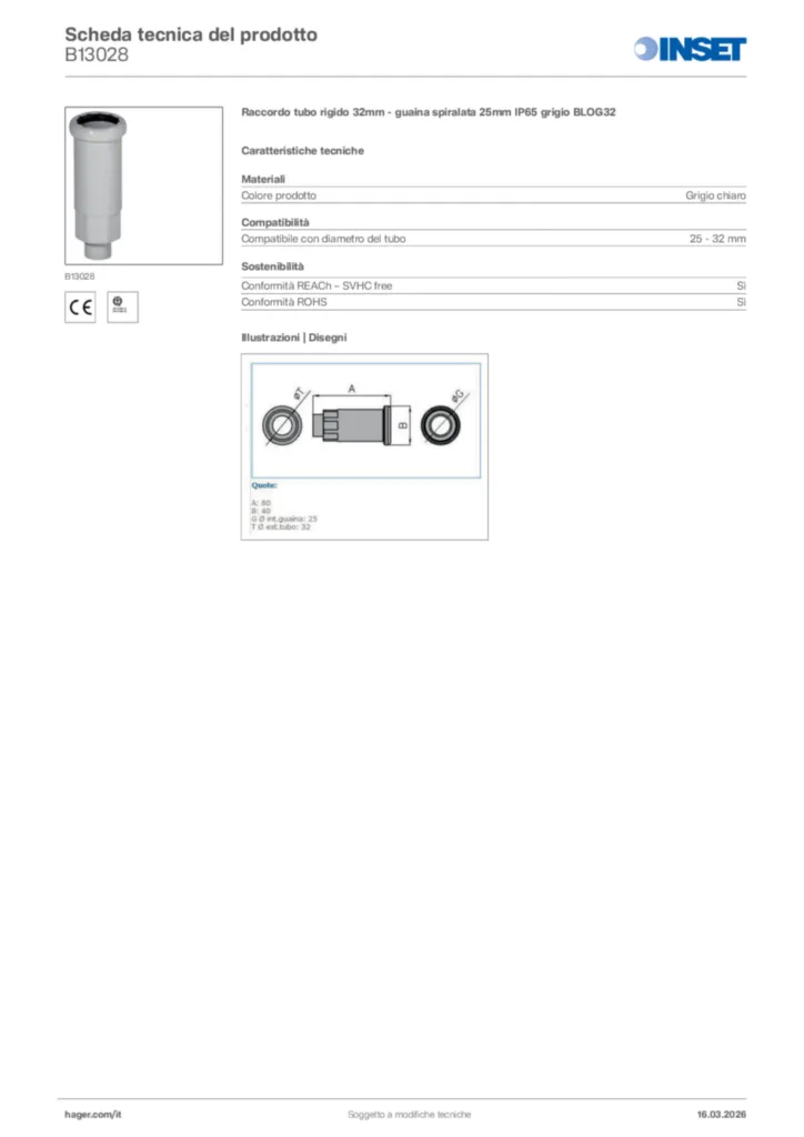 Immagine Inset Scheda tecnica del prodotto B13028 | Hager Italia