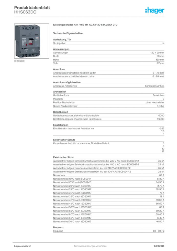 Bild Hager Produktdatenblatt HHS063DC | Hager Schweiz
