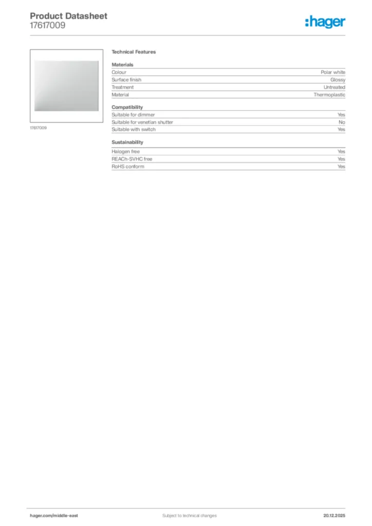 Image Hager Product data sheet 17617009  | Hager