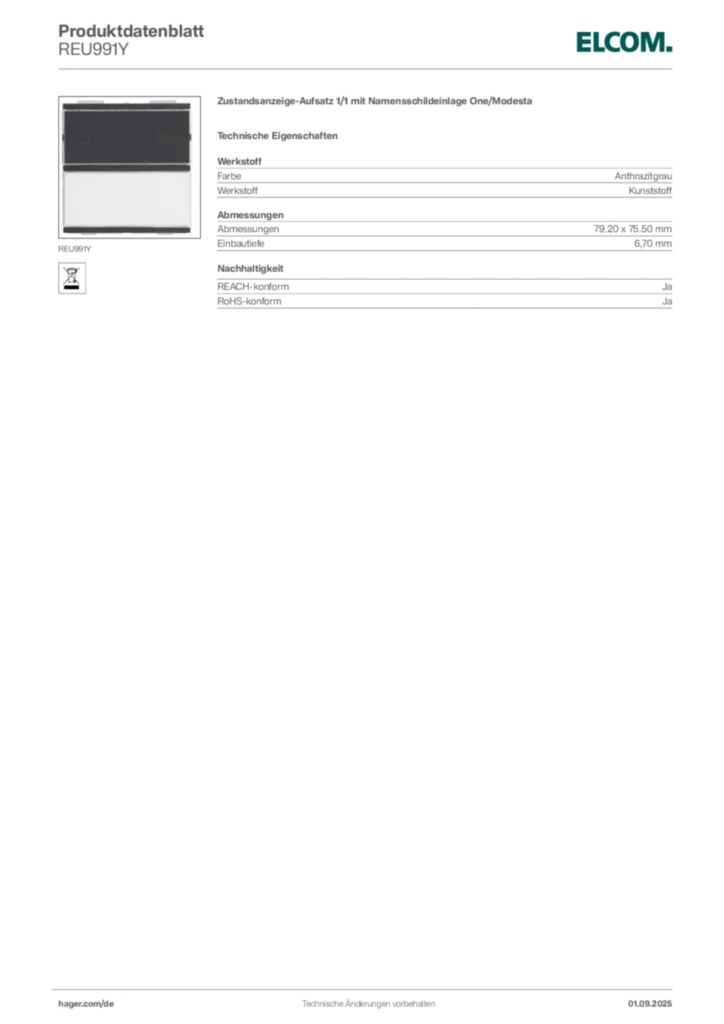 Bild Elcom Produktdatenblatt REU991Y | Hager Deutschland
