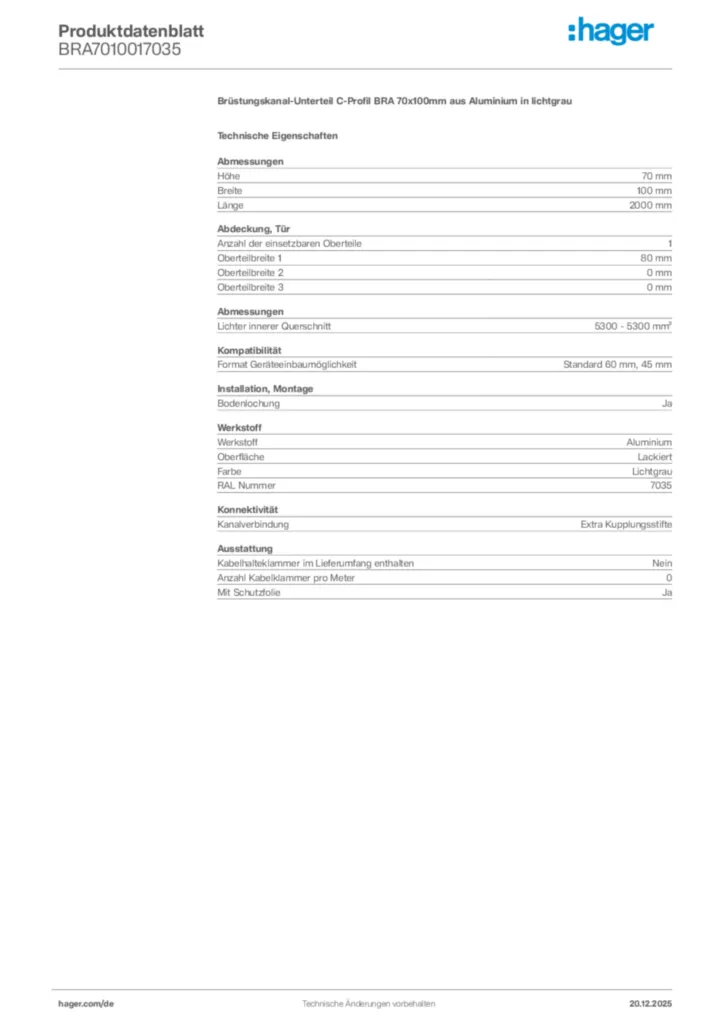 Bild Hager Produktdatenblatt BRA7010017035 | Hager Deutschland