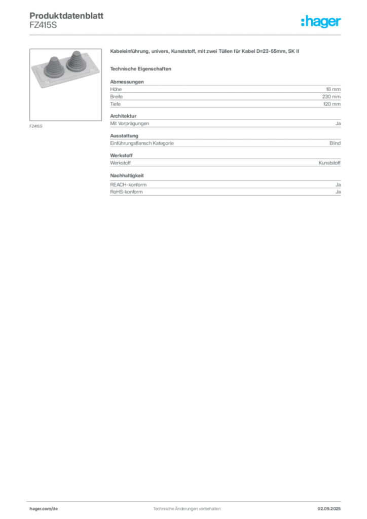 Hager Produktdatenblatt FZ415S