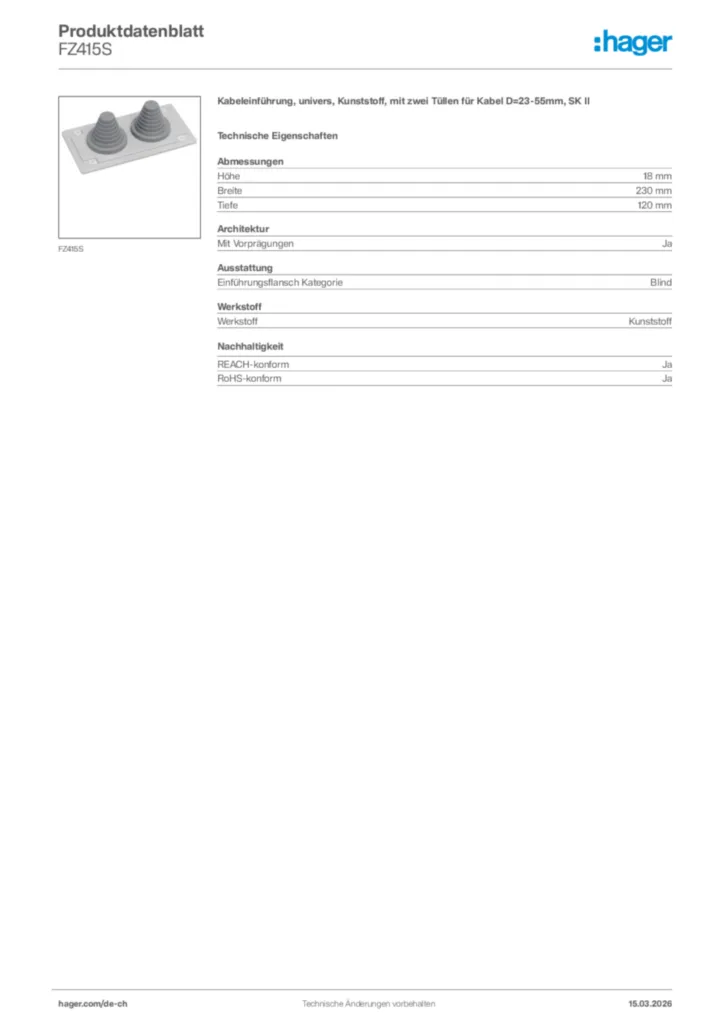 Bild Hager Produktdatenblatt FZ415S | Hager Schweiz