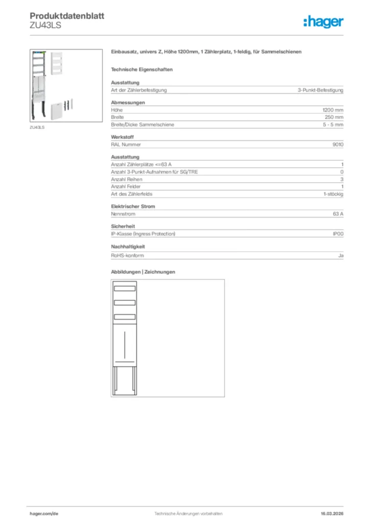 Bild Hager Produktdatenblatt ZU43LS | Hager Deutschland