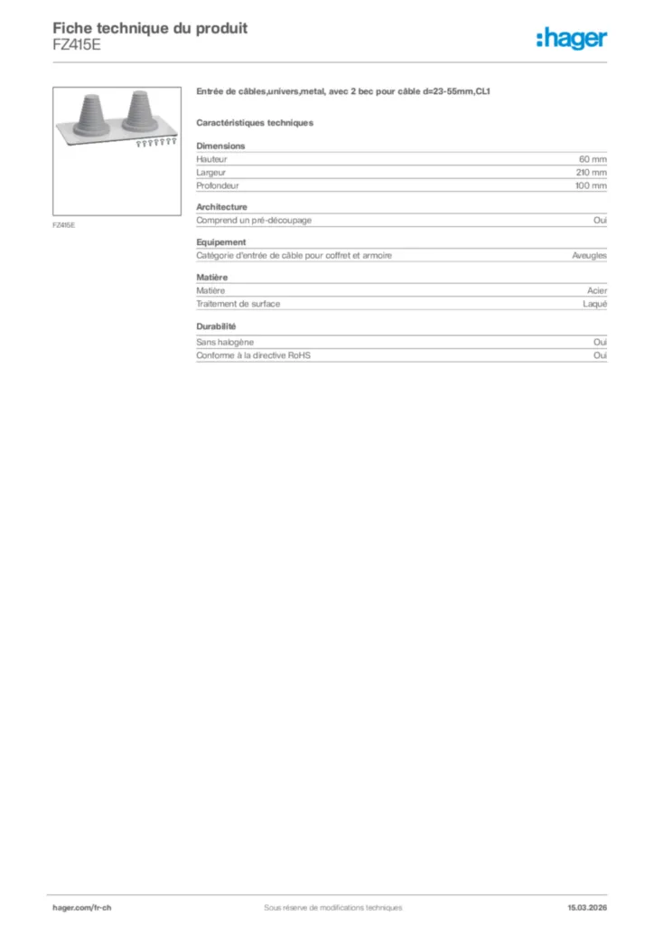 Image Hager Fiche technique du produit FZ415E | Hager Suisse