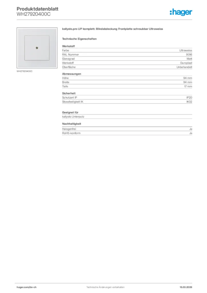 Bild Hager Produktdatenblatt WH27920400C | Hager Schweiz