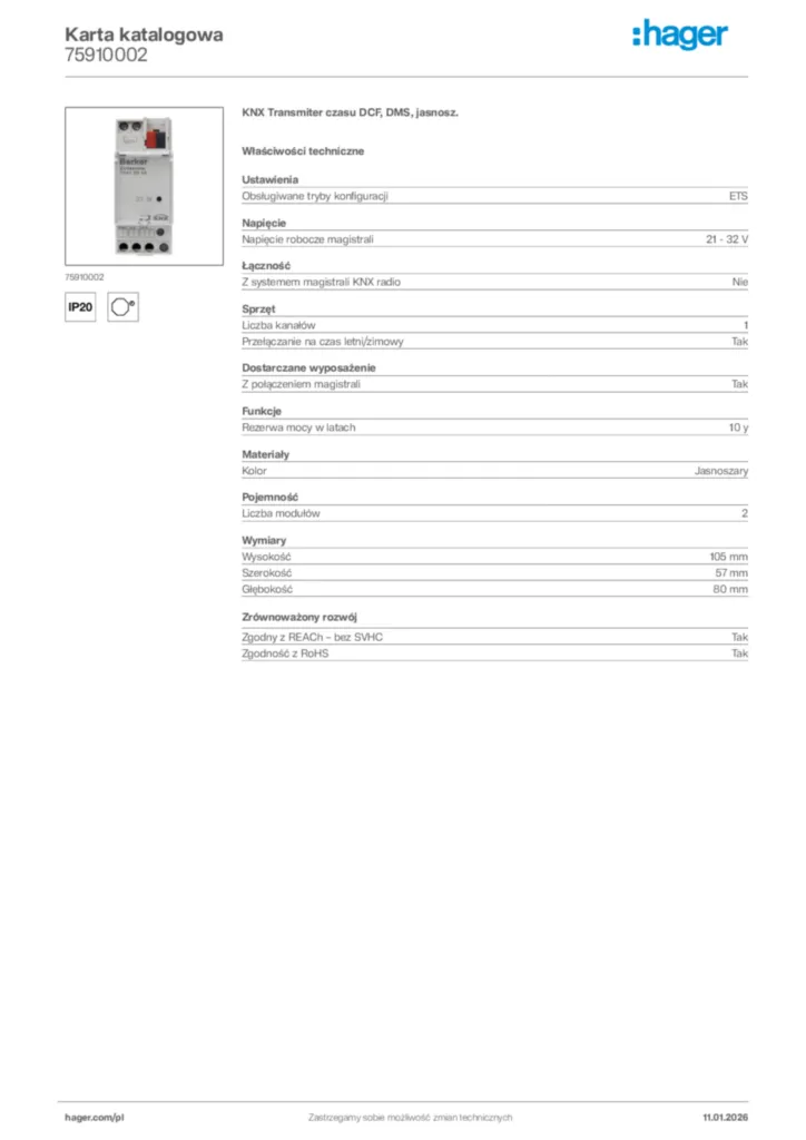 Zdjęcie Hager Karta katalogowa 75910002 | Hager Polska