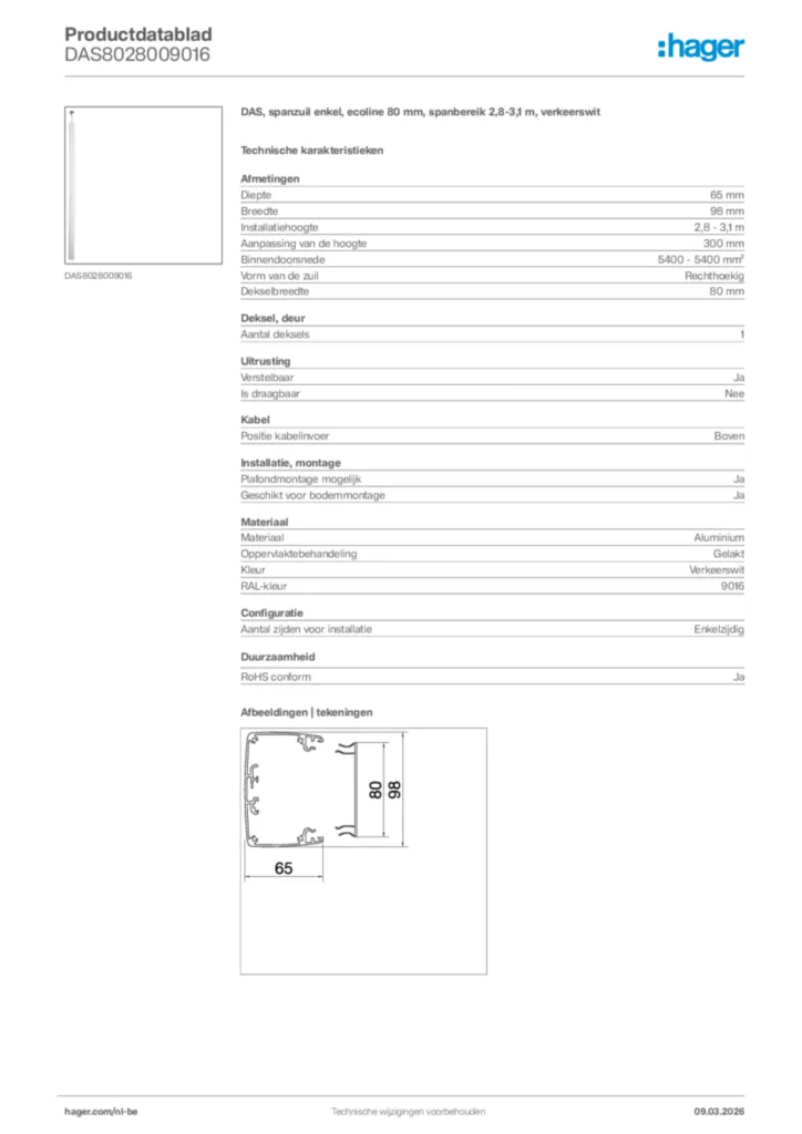 Afbeelding Hager Productdatablad DAS8028009016 | Hager Belgium