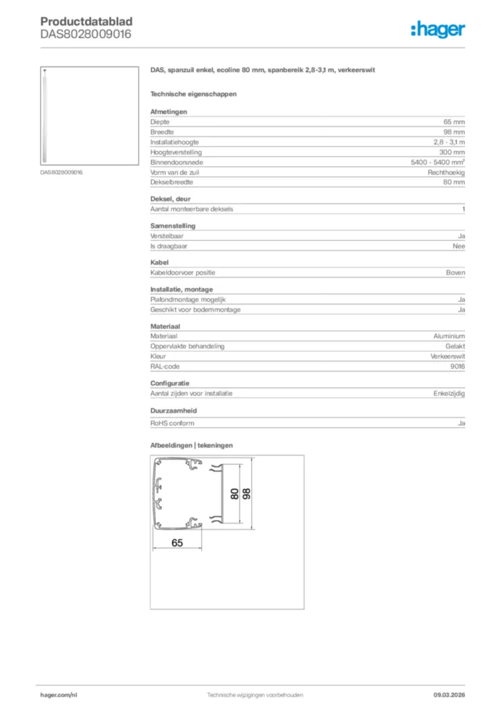 Afbeelding Hager Productdatablad DAS8028009016 | Hager Nederland