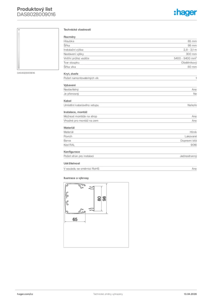 Obrázek Hager Product data sheet DAS8028009016 | Hager