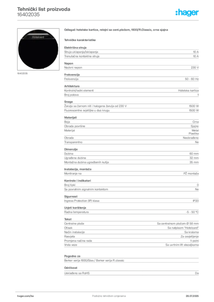 Slika Hager Product data sheet 16402035  | Hager