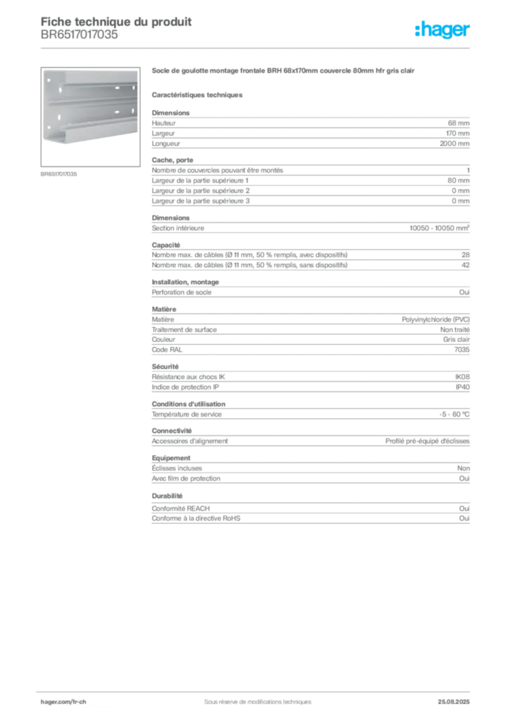 Image Hager Fiche technique du produit BR6517017035 | Hager Suisse