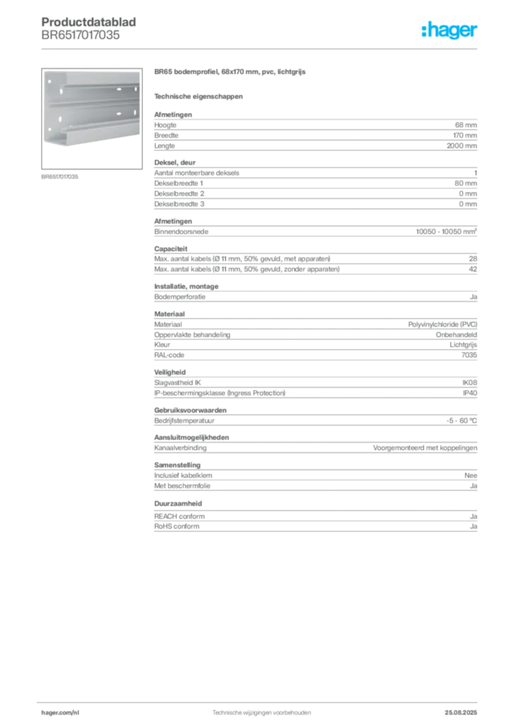 Afbeelding Hager Productdatablad BR6517017035 | Hager Nederland