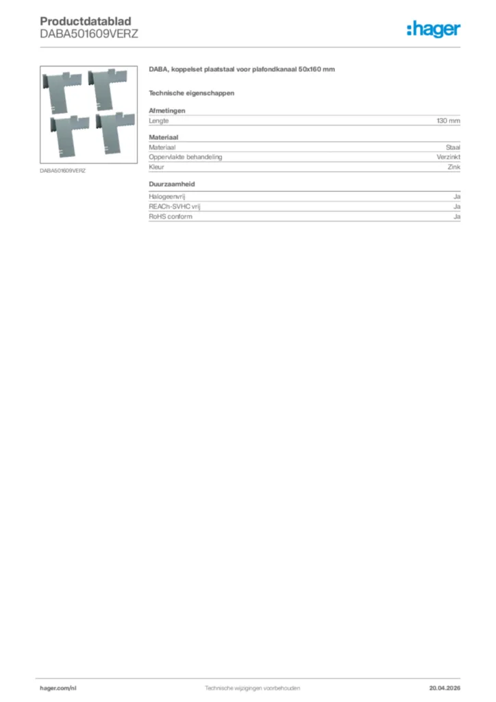 Afbeelding Hager Productdatablad DABA501609VERZ | Hager Nederland