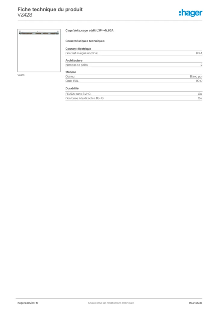 Image Hager Fiche technique du produit VZ428 | Hager Afrique