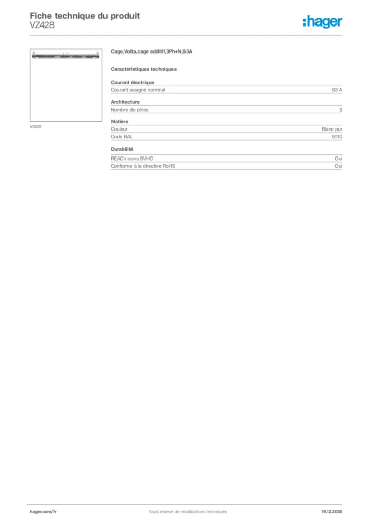 Image Hager Fiche technique du produit VZ428 | Hager France